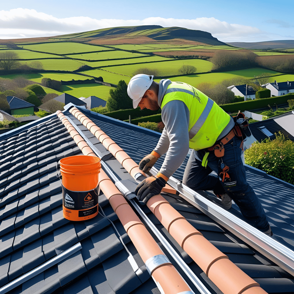 Man on roof repairing tiles